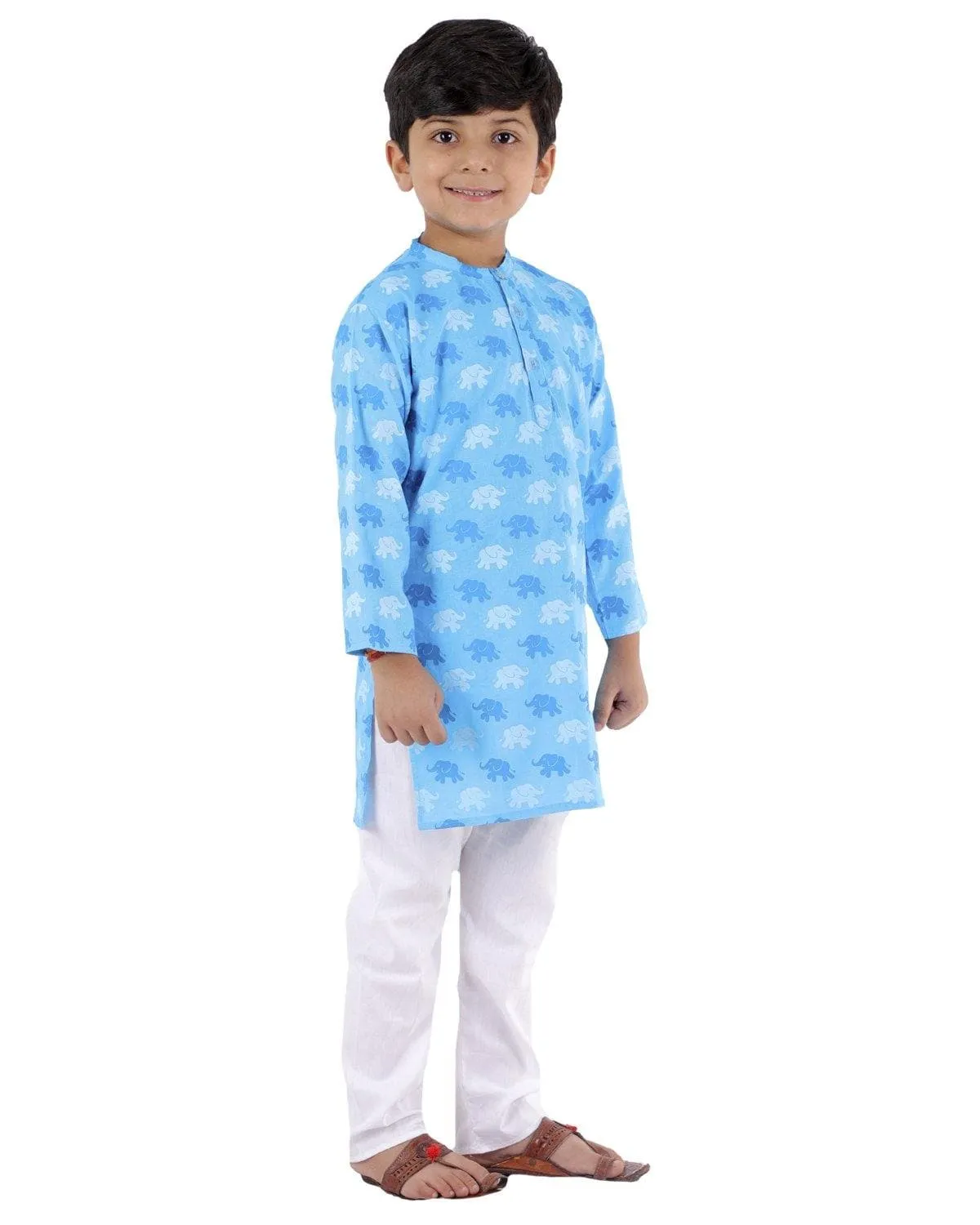 Ahhaaaa Kids Ethnic Cotton Elephant Print Kurta Pajama Set For Boys