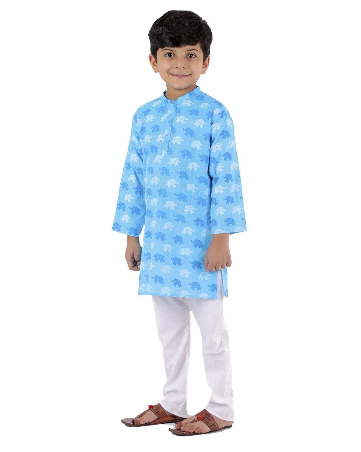 Ahhaaaa Kids Ethnic Cotton Elephant Print Kurta Pajama Set For Boys