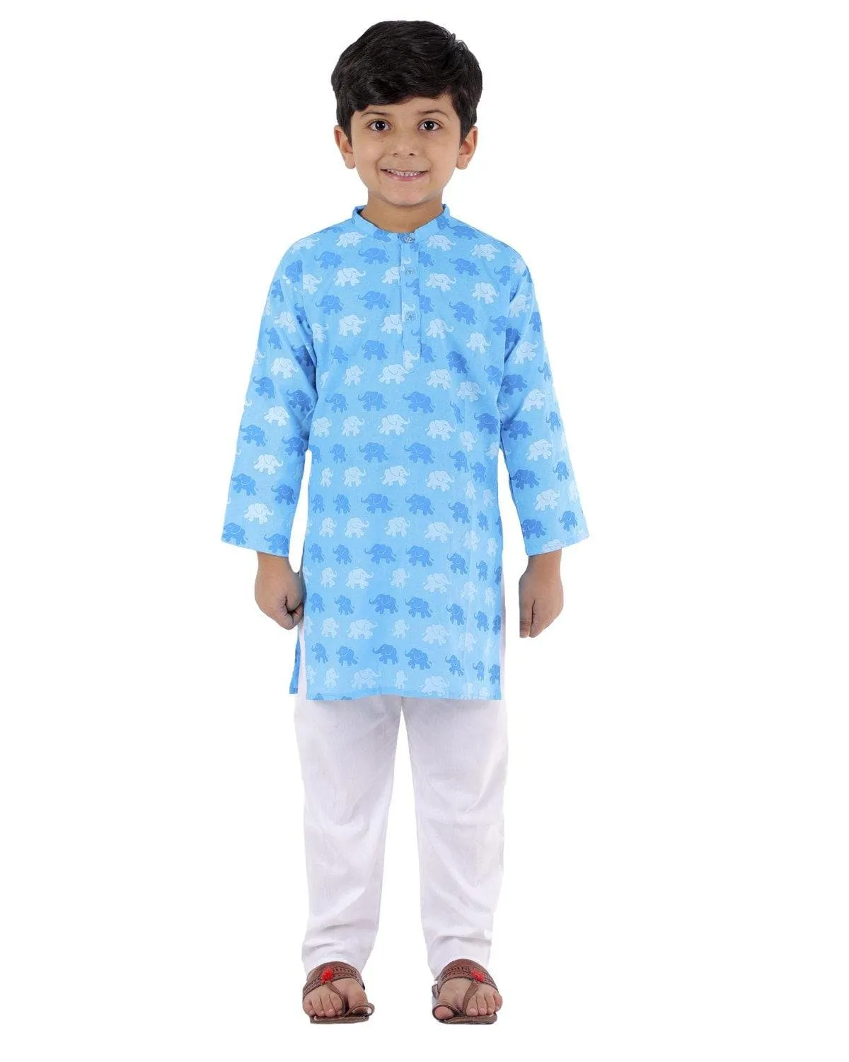 Ahhaaaa Kids Ethnic Cotton Elephant Print Kurta Pajama Set For Boys