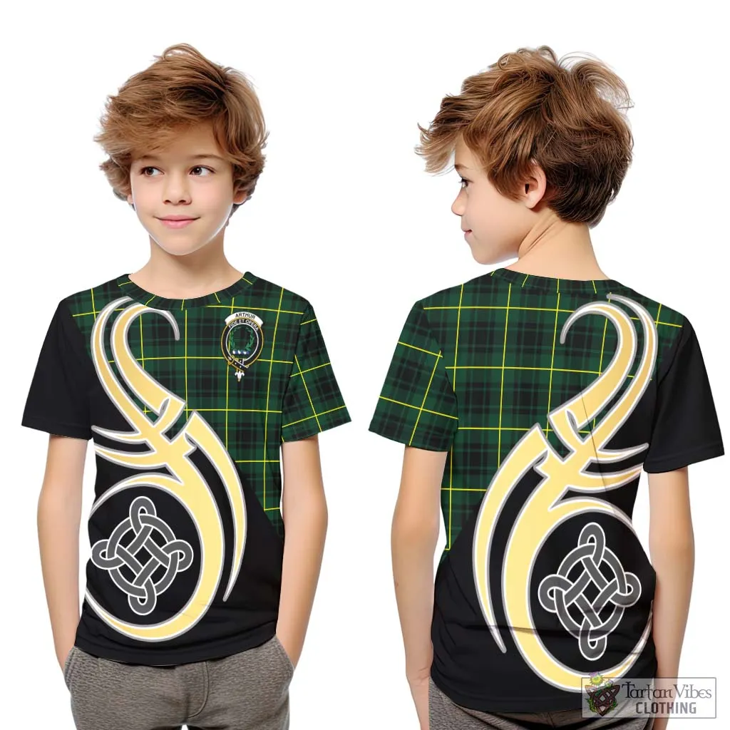 Arthur Modern Tartan Kid T-Shirt with Family Crest and Celtic Symbol Style