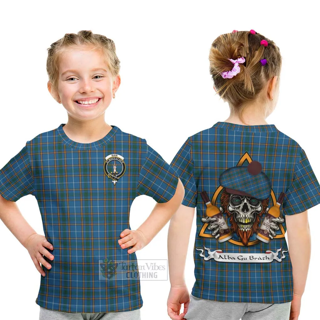 Bain Tartan Kid T-Shirt with Family Crest and Bearded Skull Holding Bottles of Whiskey