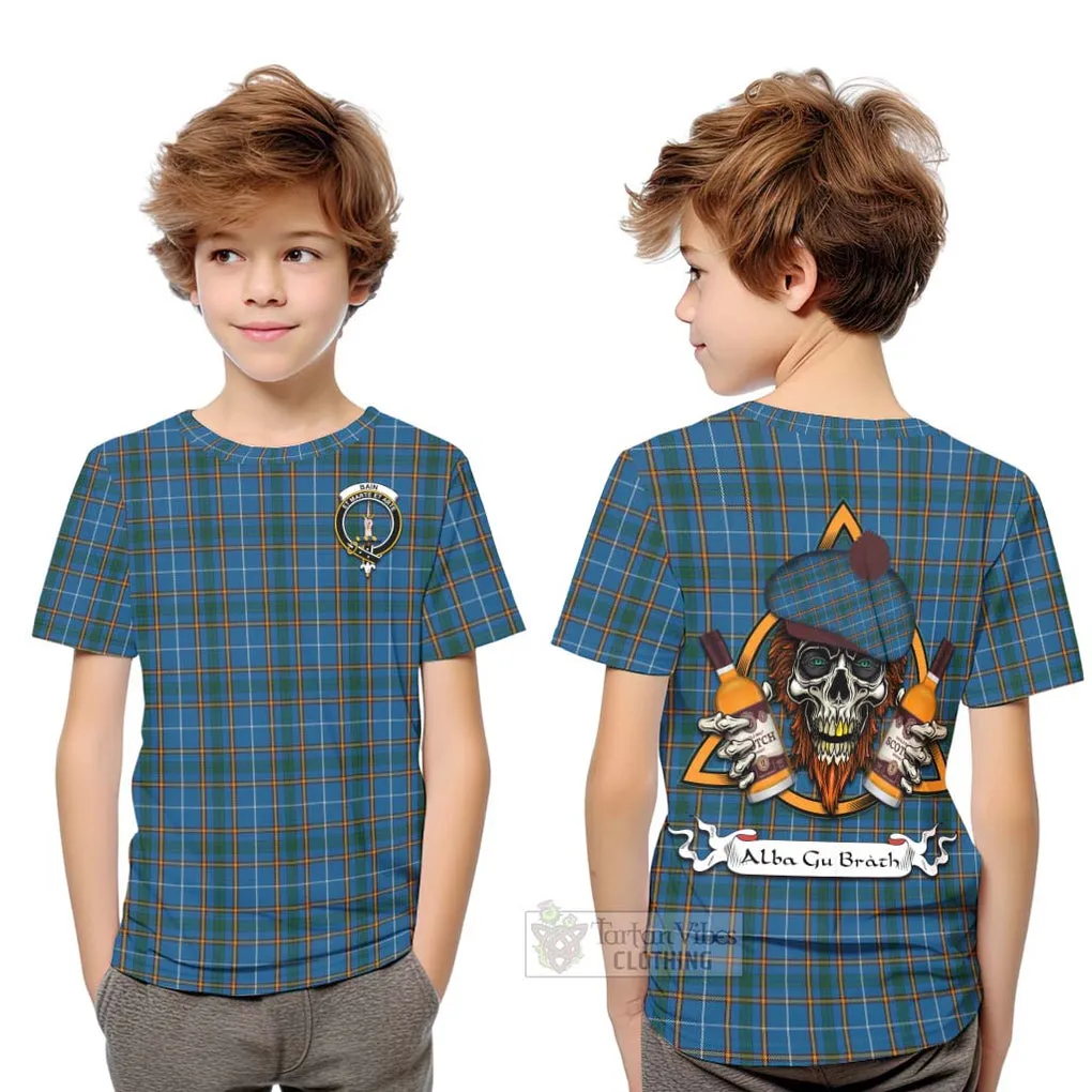 Bain Tartan Kid T-Shirt with Family Crest and Bearded Skull Holding Bottles of Whiskey