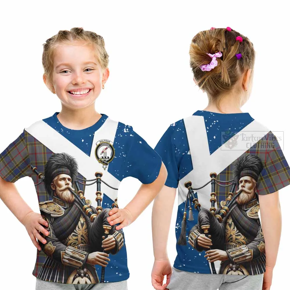 Balfour Tartan Kid T-Shirt with Family Crest Scottish Bagpiper Vibes
