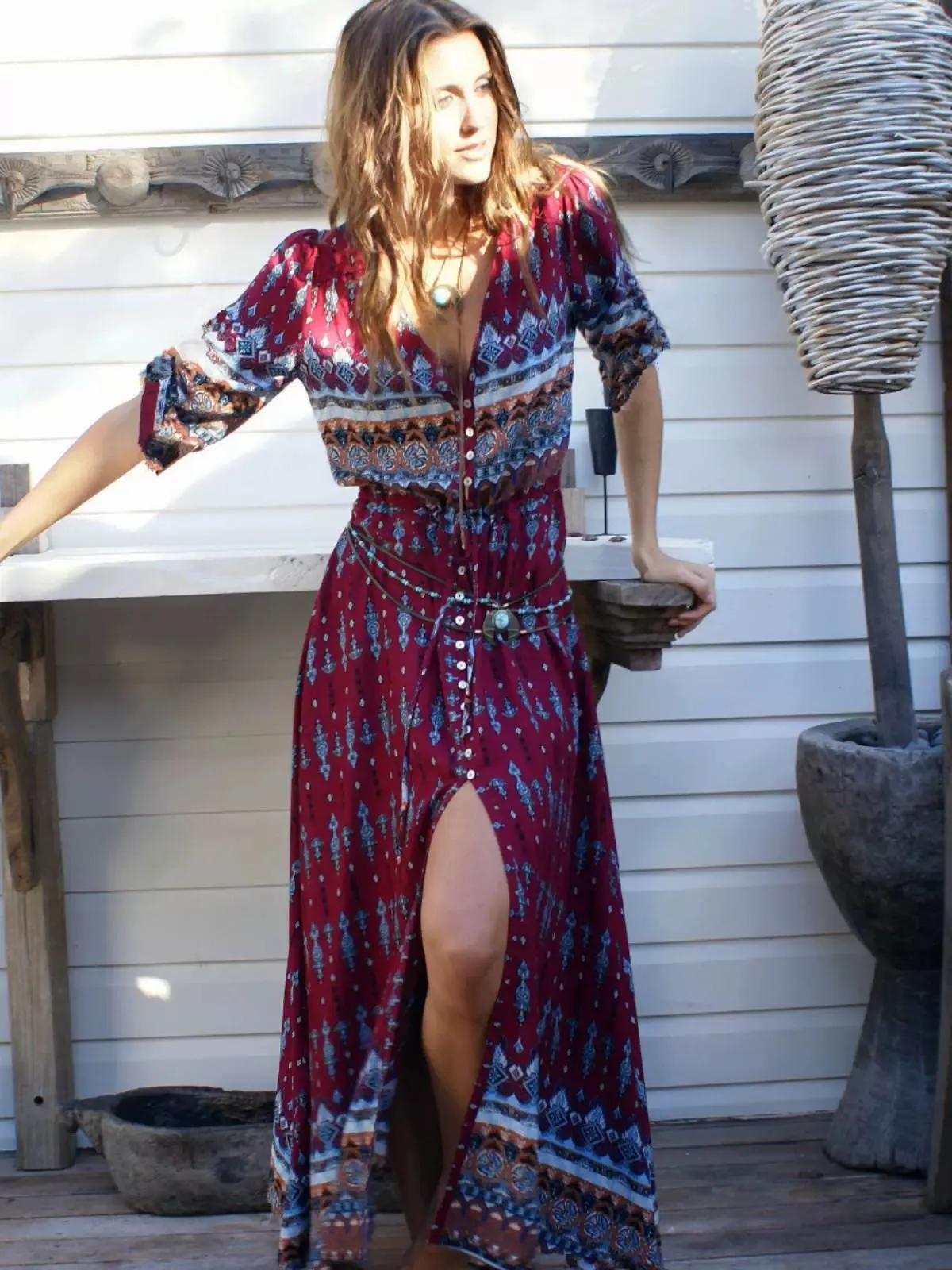 Bohemian Maxi Dress Beach Dress Mid Length Long Length Seaside Vacation Front Slit V-neck Slimming Cotton Silk Beach Dress Women's Summer
