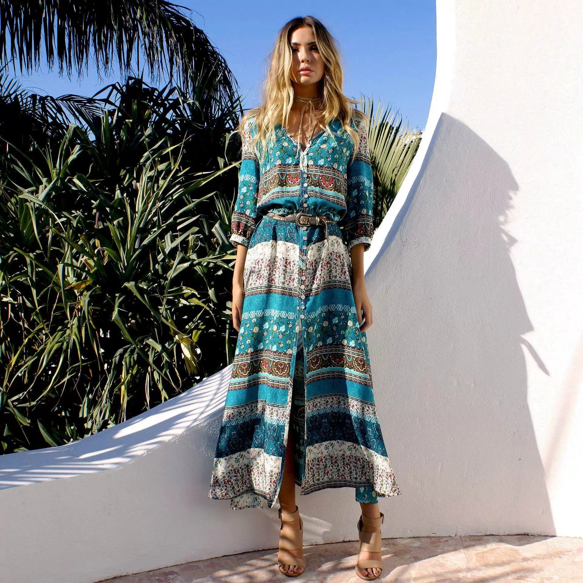 Bohemian Maxi Dress Beach Dress Mid Length Long Length Seaside Vacation Front Slit V-neck Slimming Cotton Silk Beach Dress Women's Summer