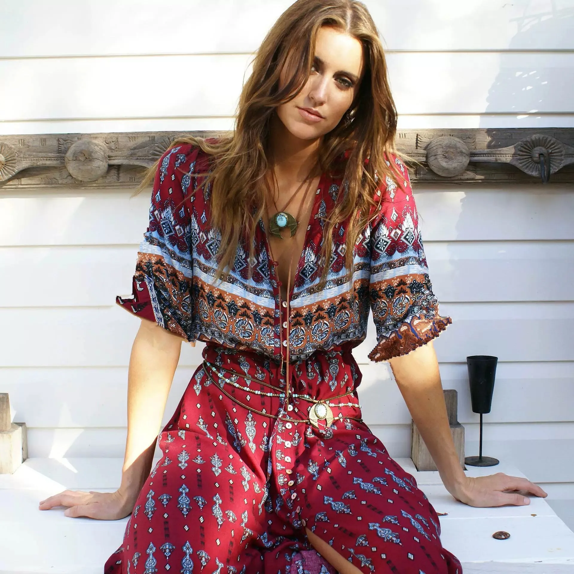 Bohemian Maxi Dress Beach Dress Mid Length Long Length Seaside Vacation Front Slit V-neck Slimming Cotton Silk Beach Dress Women's Summer