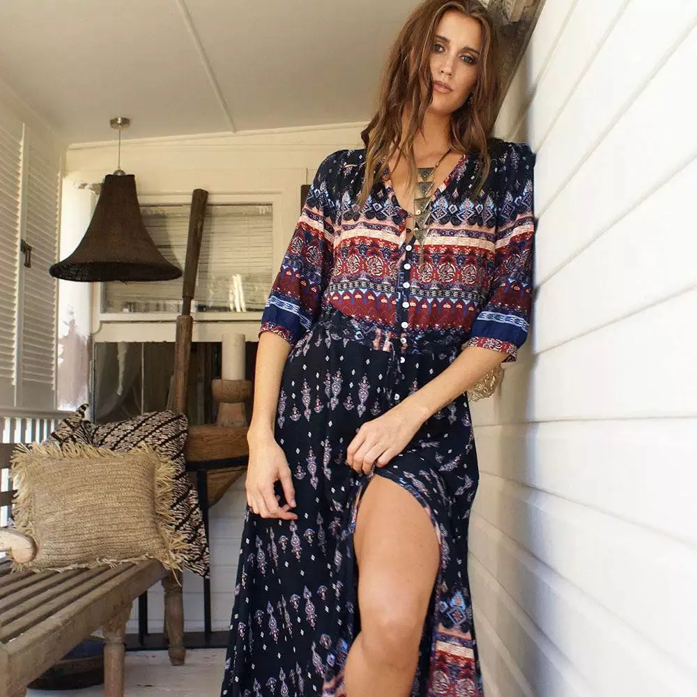 Bohemian Maxi Dress Beach Dress Mid Length Long Length Seaside Vacation Front Slit V-neck Slimming Cotton Silk Beach Dress Women's Summer