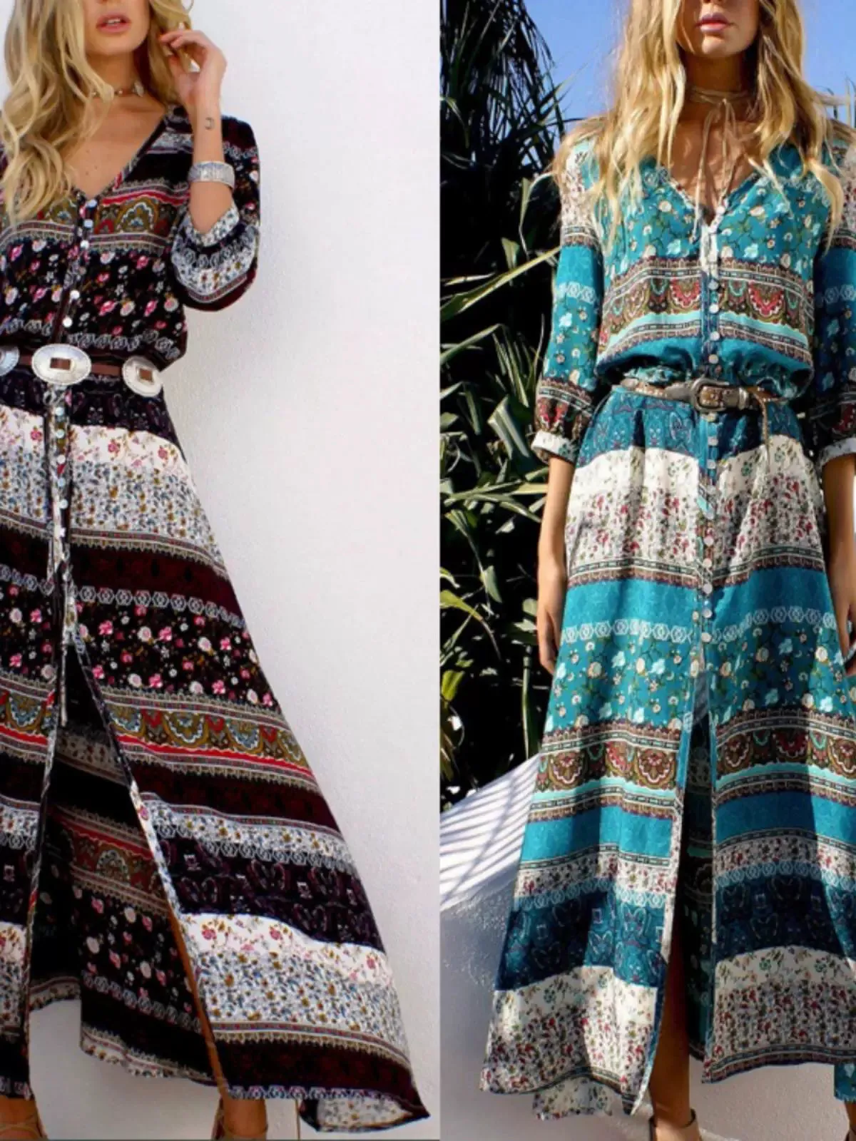 Bohemian Maxi Dress Beach Dress Mid Length Long Length Seaside Vacation Front Slit V-neck Slimming Cotton Silk Beach Dress Women's Summer