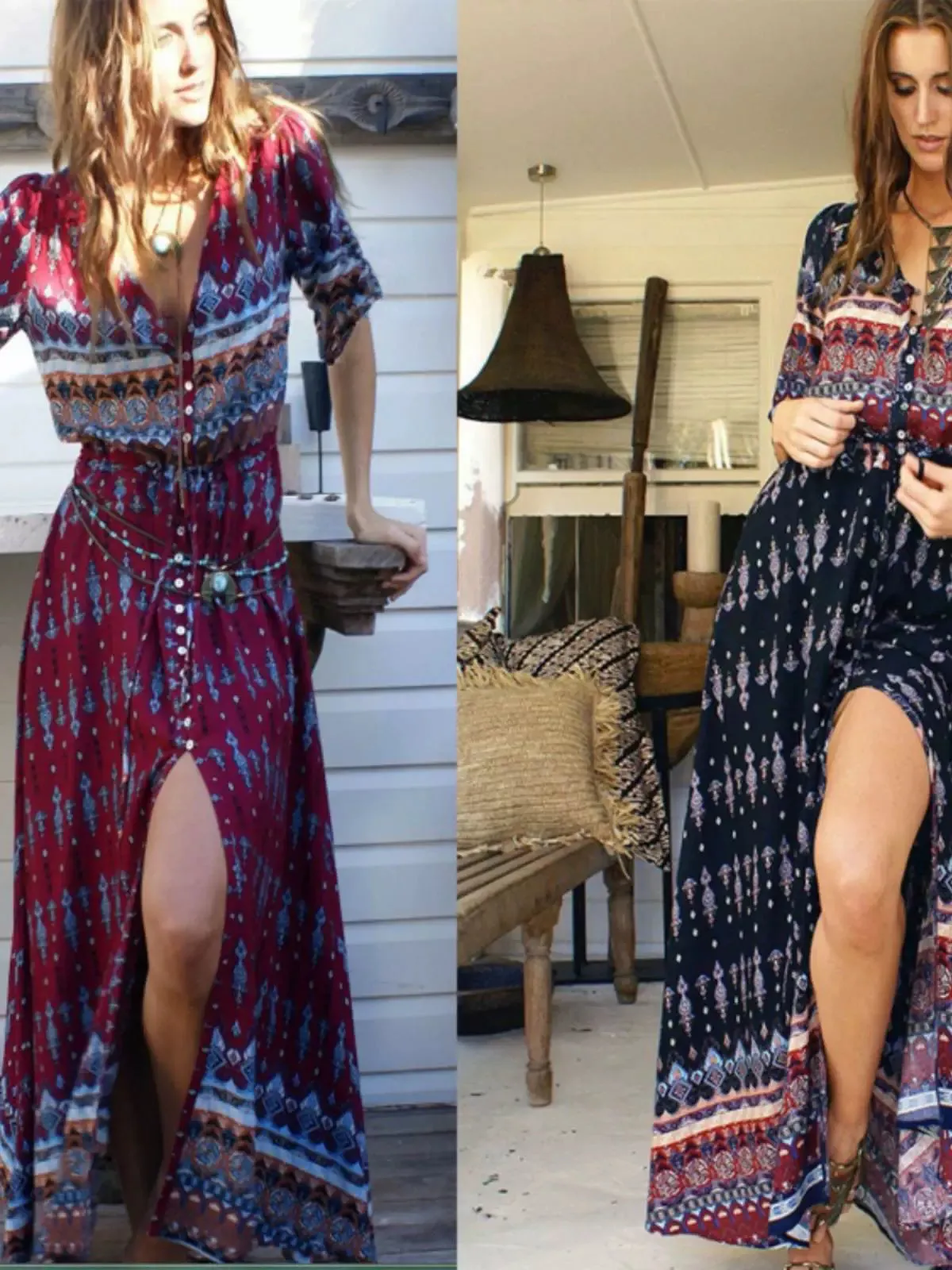 Bohemian Maxi Dress Beach Dress Mid Length Long Length Seaside Vacation Front Slit V-neck Slimming Cotton Silk Beach Dress Women's Summer