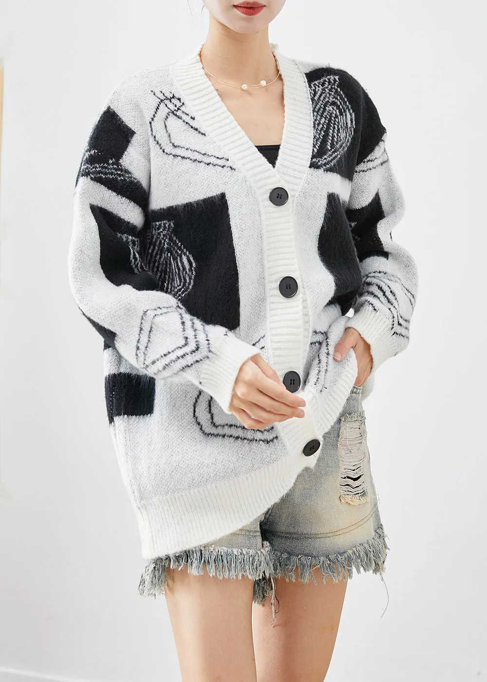Bohemian White Oversized Print Button Down Knit Cardigans Fall