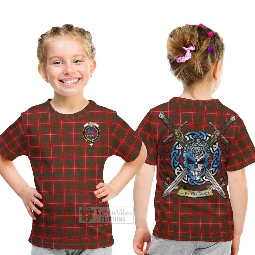 Bruce Tartan Kid T-Shirt with Family Crest Celtic Skull Style