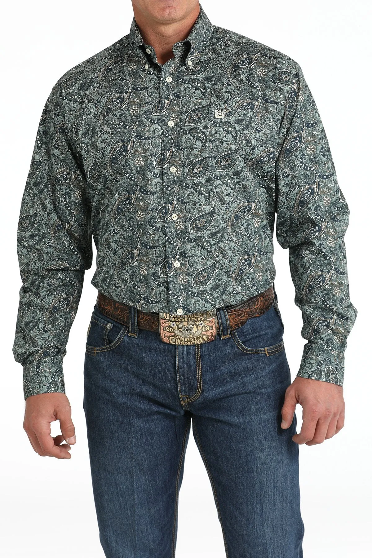 Cinch Men's L/S Classic Fit Paisley Western Button Down Shirt in Green