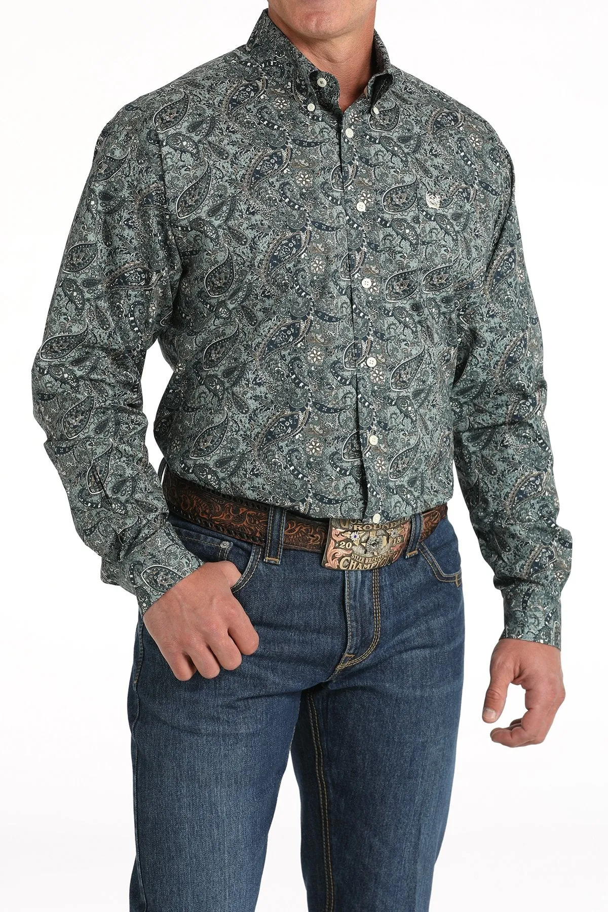Cinch Men's L/S Classic Fit Paisley Western Button Down Shirt in Green