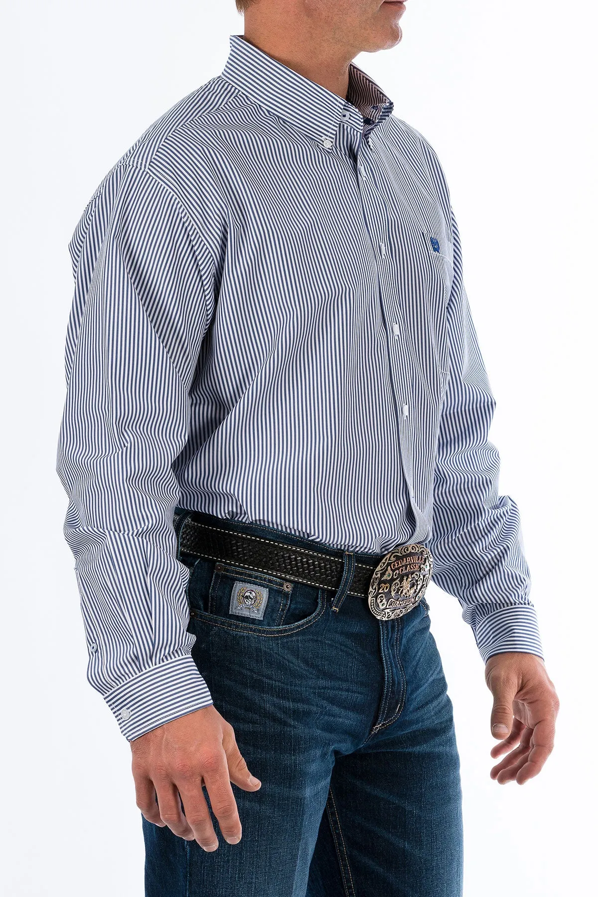 Cinch Men's Tencel L/S Striped Western Button Down Shirt in Royal Blue