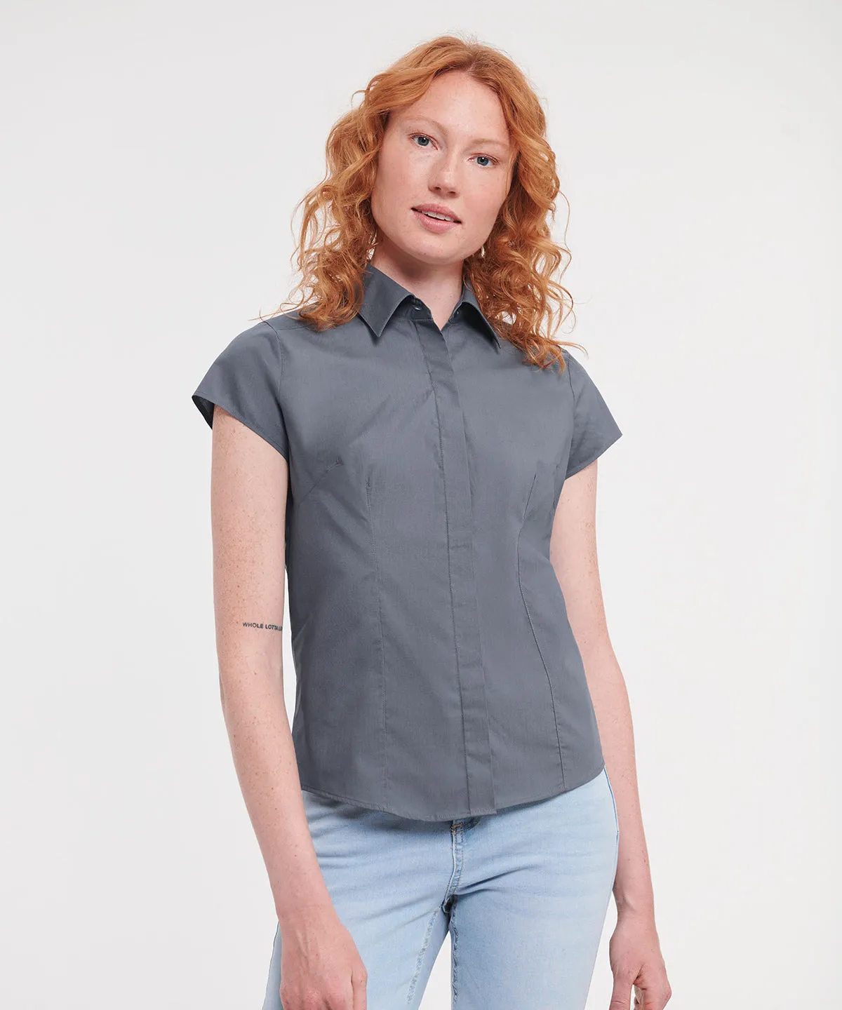 Convoy Grey - Women's cap sleeve polycotton easycare fitted poplin shirt