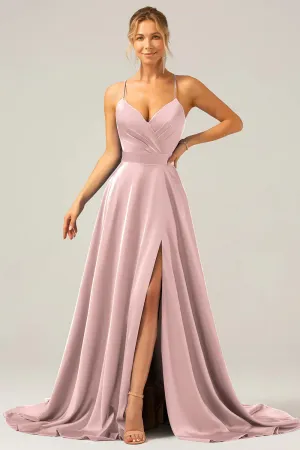 Dark Green A Line Prom Dresses Spaghetti Straps Pleated Satin Maxi Dress with Slit