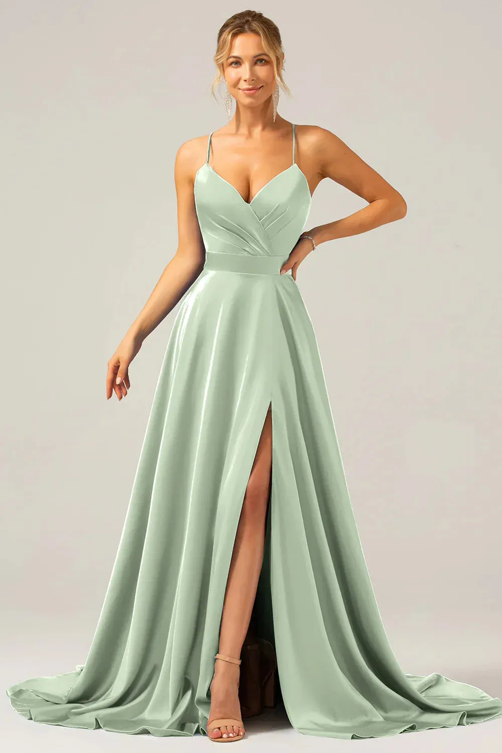Dark Green A Line Prom Dresses Spaghetti Straps Pleated Satin Maxi Dress with Slit