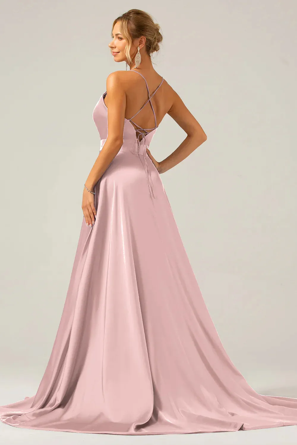 Dark Green A Line Prom Dresses Spaghetti Straps Pleated Satin Maxi Dress with Slit