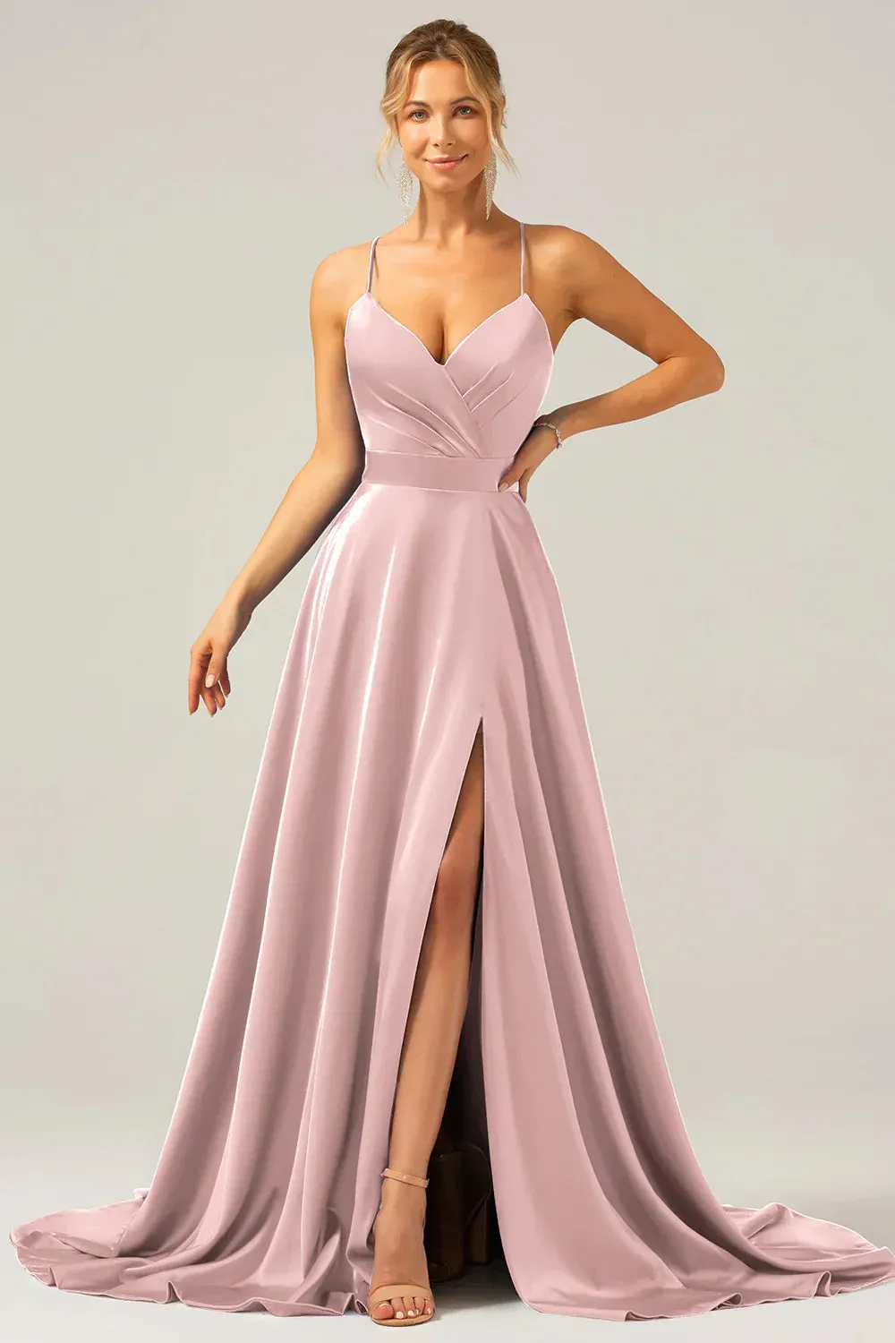 Dark Green A Line Prom Dresses Spaghetti Straps Pleated Satin Maxi Dress with Slit