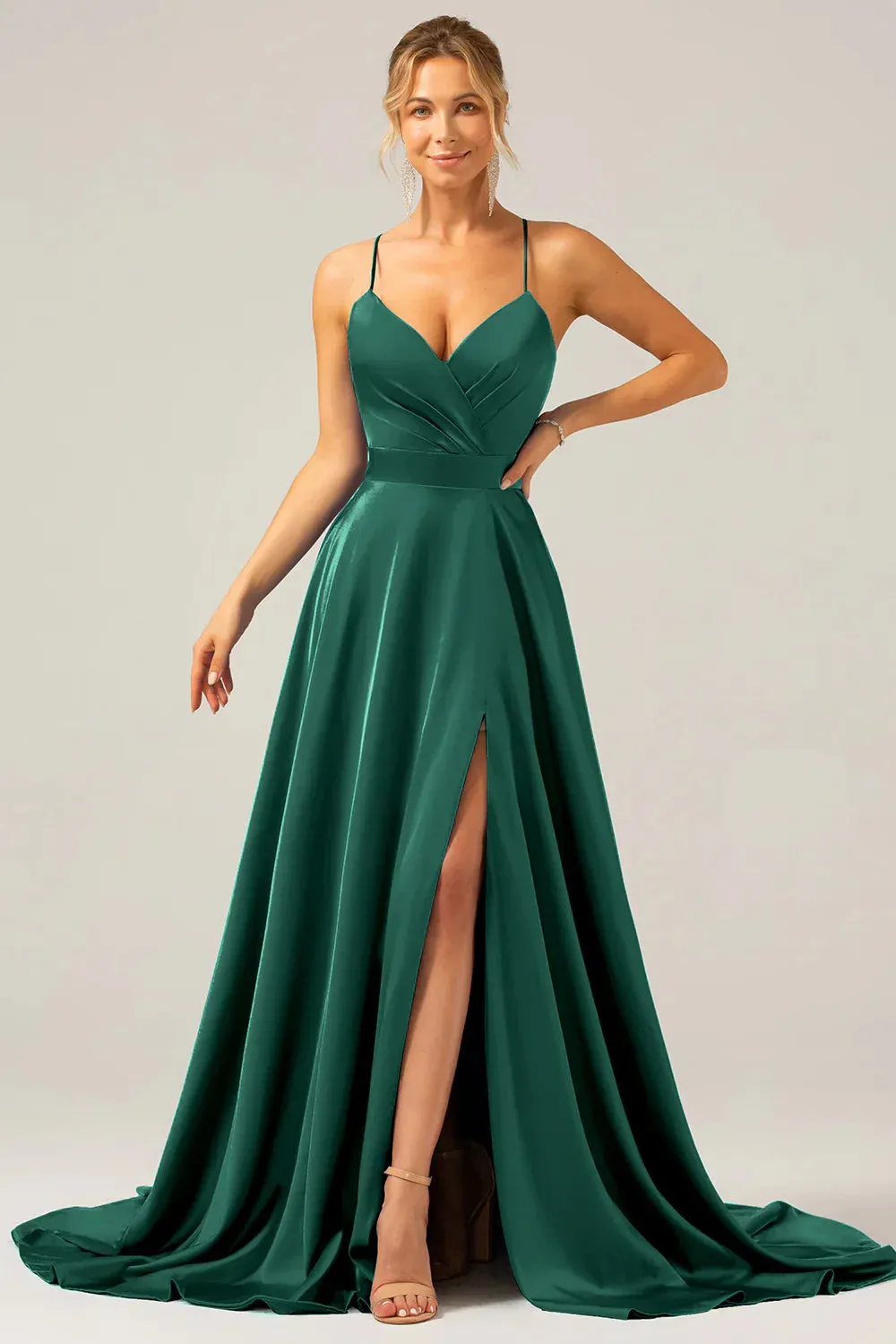 Dark Green A Line Prom Dresses Spaghetti Straps Pleated Satin Maxi Dress with Slit
