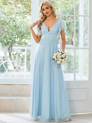 Double V Neck Maxi Lace Evening Dresses with Ruffle Sleeves