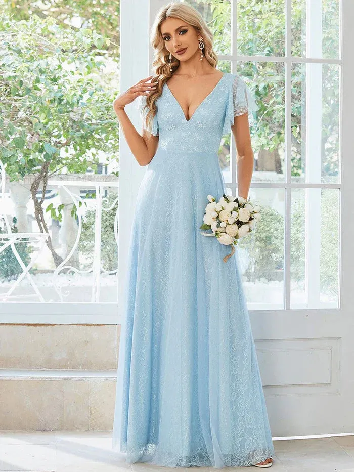 Double V Neck Maxi Lace Evening Dresses with Ruffle Sleeves