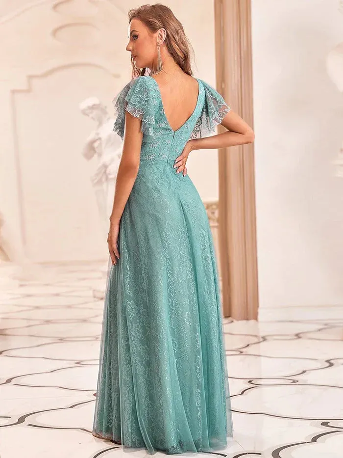 Double V Neck Maxi Lace Evening Dresses with Ruffle Sleeves