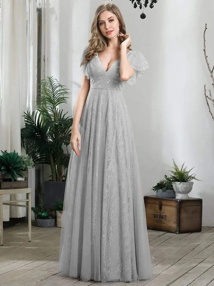 Double V Neck Maxi Lace Evening Dresses with Ruffle Sleeves