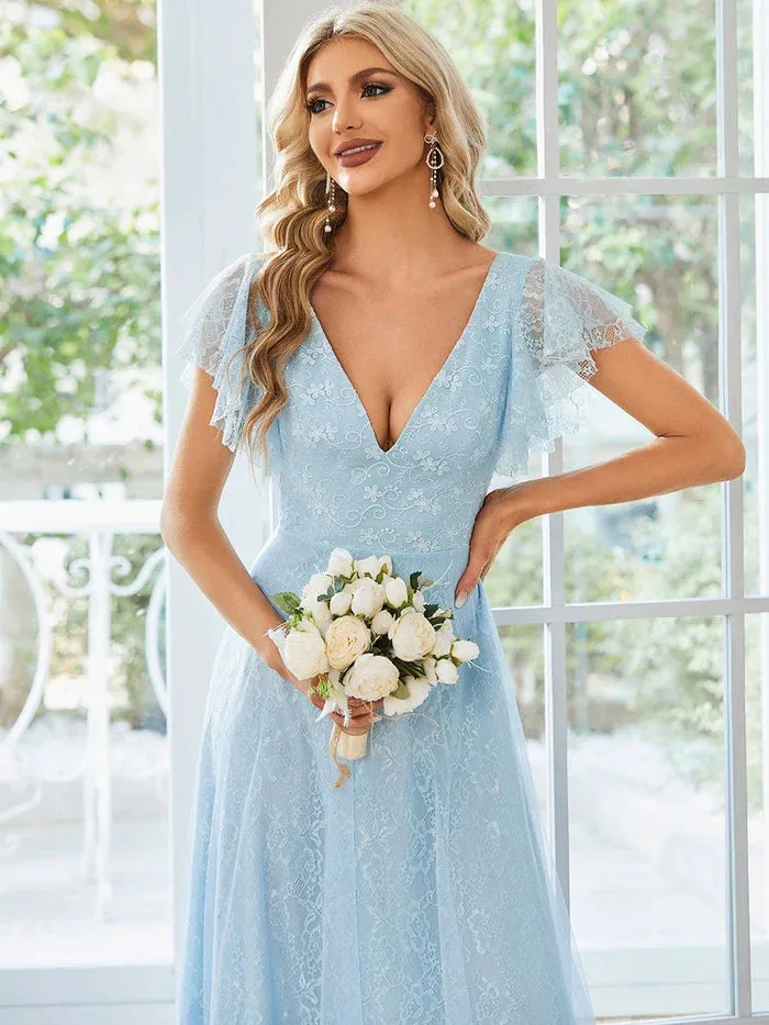 Double V Neck Maxi Lace Evening Dresses with Ruffle Sleeves