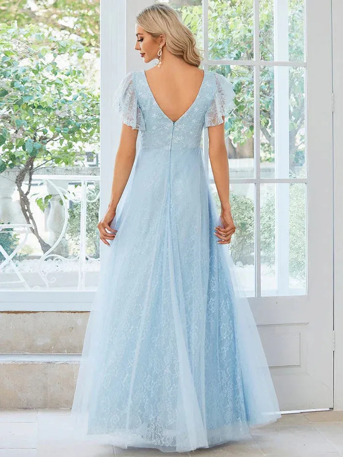 Double V Neck Maxi Lace Evening Dresses with Ruffle Sleeves