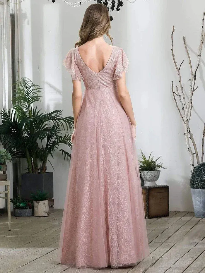 Double V Neck Maxi Lace Evening Dresses with Ruffle Sleeves