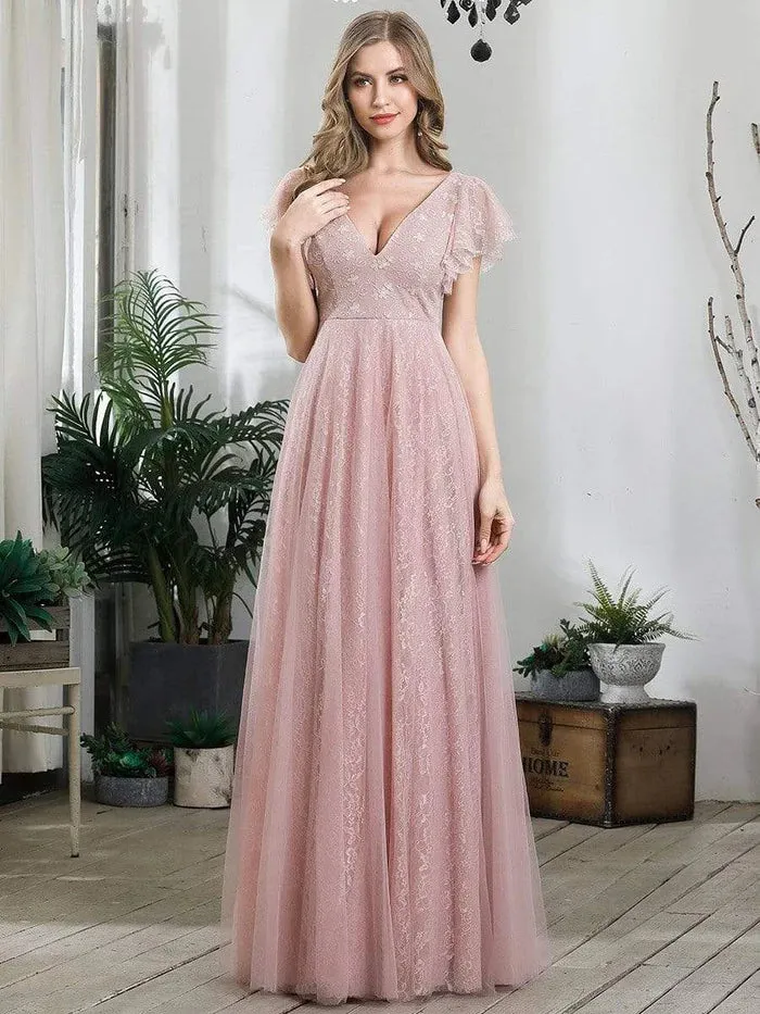 Double V Neck Maxi Lace Evening Dresses with Ruffle Sleeves
