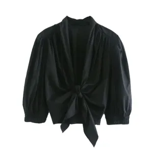 ELASTIC TRIM RUFFLED CROPPED BLOUSE