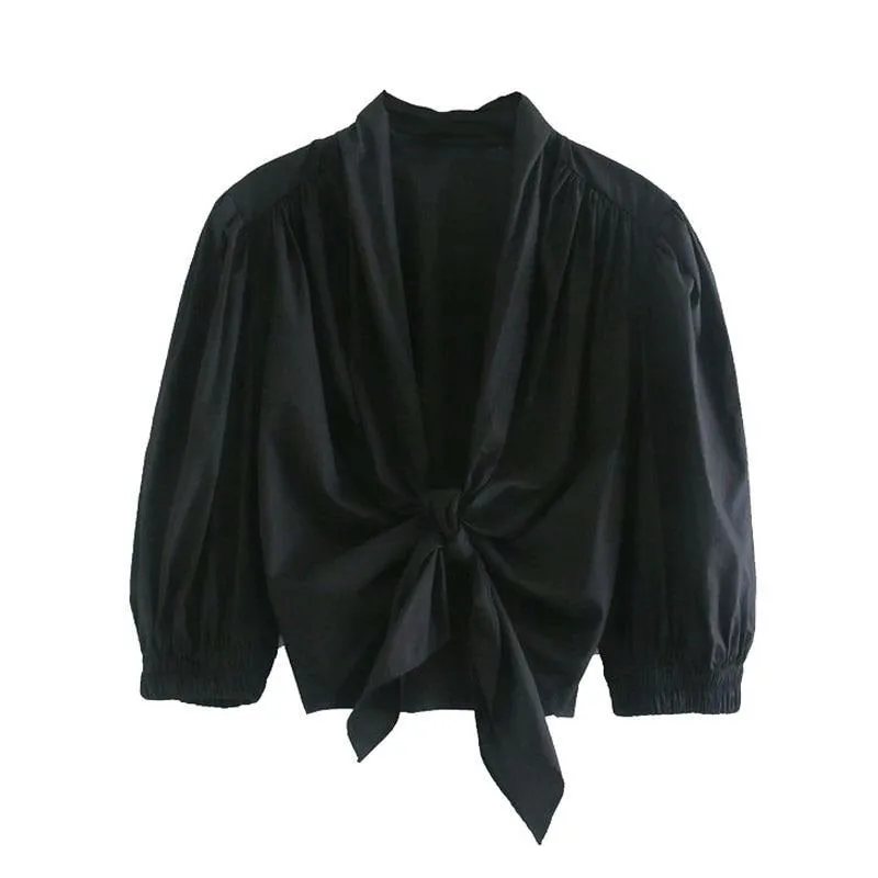 ELASTIC TRIM RUFFLED CROPPED BLOUSE