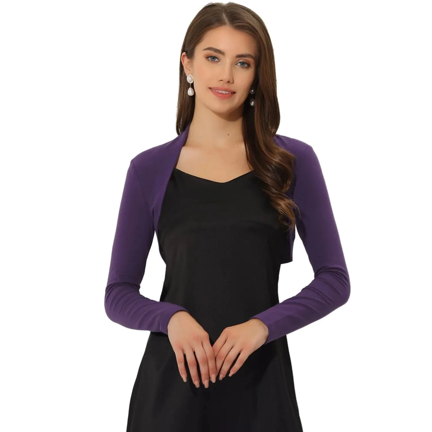 Elegant women's knitted bolero with long sleeves and open front ALLEGRA K violet