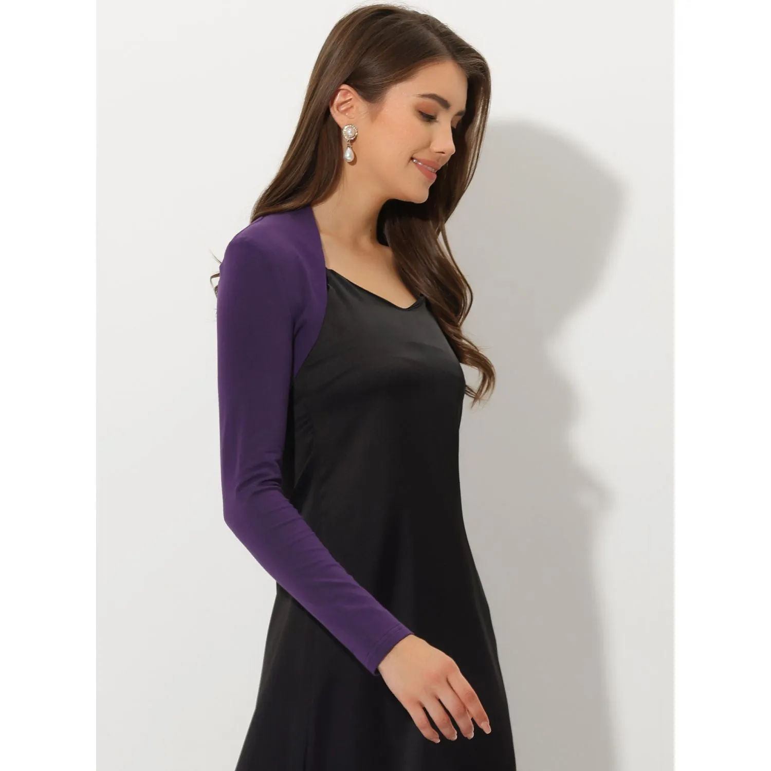 Elegant women's knitted bolero with long sleeves and open front ALLEGRA K violet