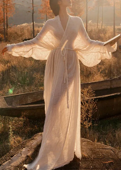 FLYTONN- Classy White V Neck Tie Waist Cotton Dresses Long Sleeve KK062