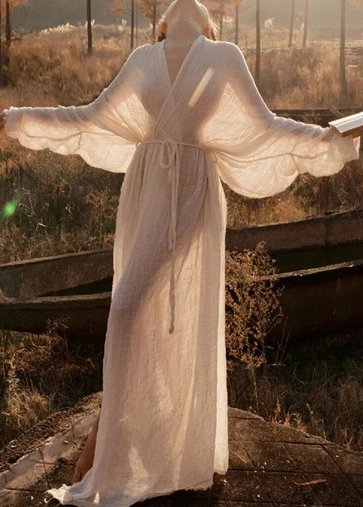 FLYTONN- Classy White V Neck Tie Waist Cotton Dresses Long Sleeve KK062