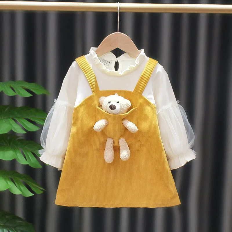 Kid Dress Girl Princess Pocket Bear Gift Birthday Party Long Sleeve Dress - BTGD8494