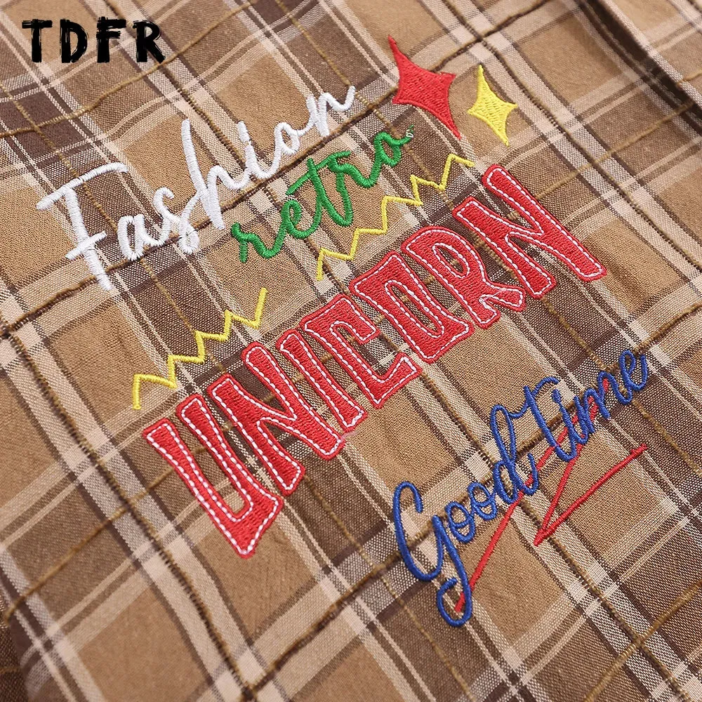 Letter Embroidery Plaid Shirts - Casual Loose Single Breasted Lapel Shirts