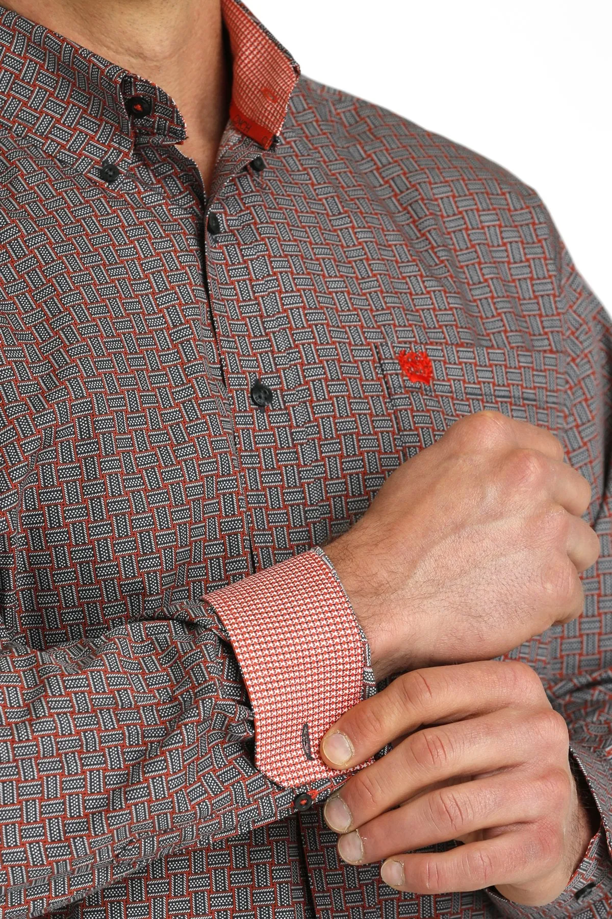 Men's Cinch Charcoal/Red Multi Print Long Sleeve Button Down Shirt