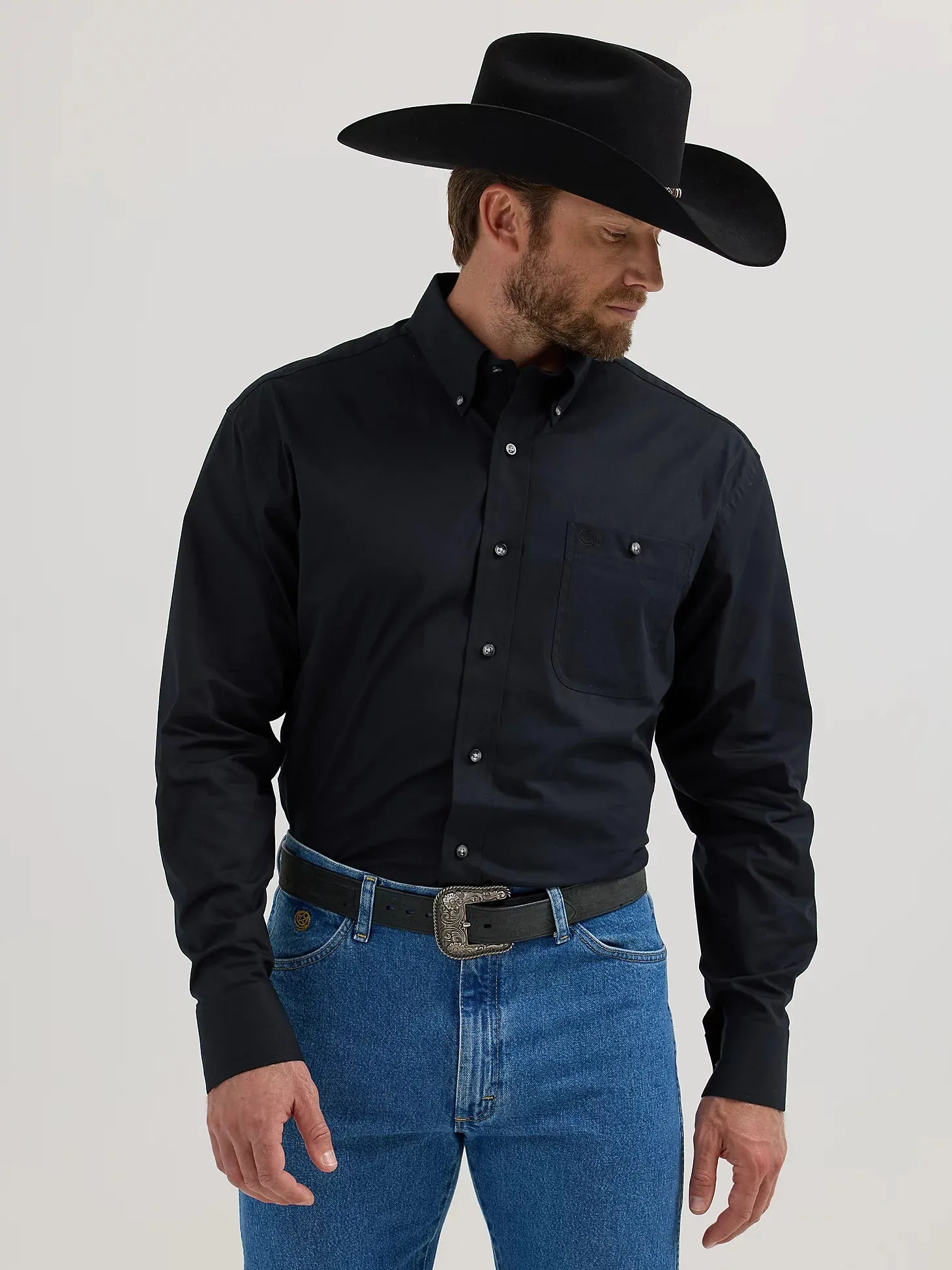 Men's Wrangler Goerge Strait Solid Black Long Sleeve Button Down Shirt