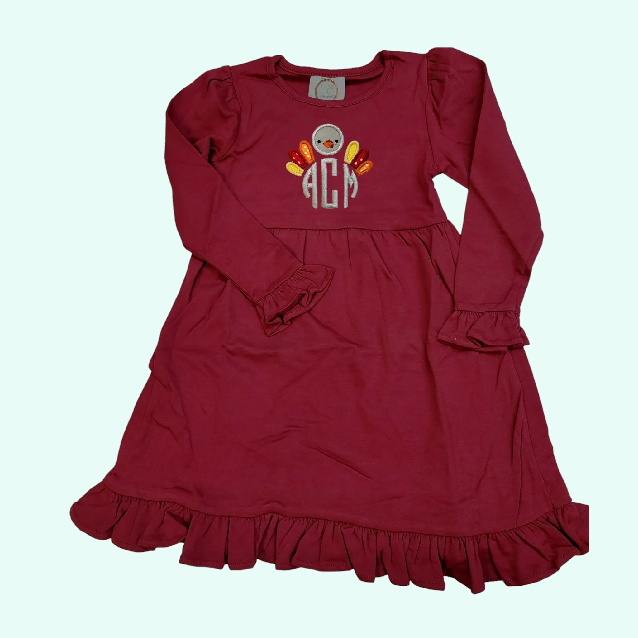 Monogram Dress, Turkey Monogram Toddler Dress, Thanksgiving Girls Dress, Long Sleeve Personalized Thanksgiving dress