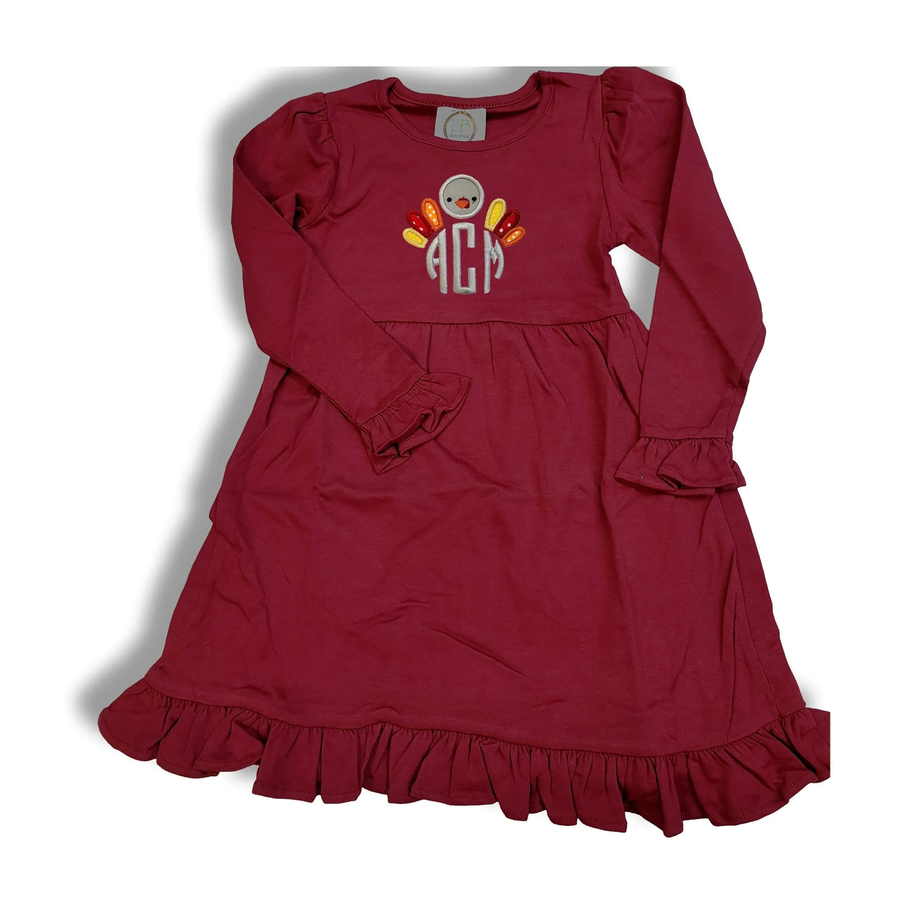 Monogram Dress, Turkey Monogram Toddler Dress, Thanksgiving Girls Dress, Long Sleeve Personalized Thanksgiving dress