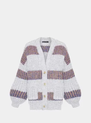 Olivia Stripe Chunky Cardigan With Buttons - Silver Grey