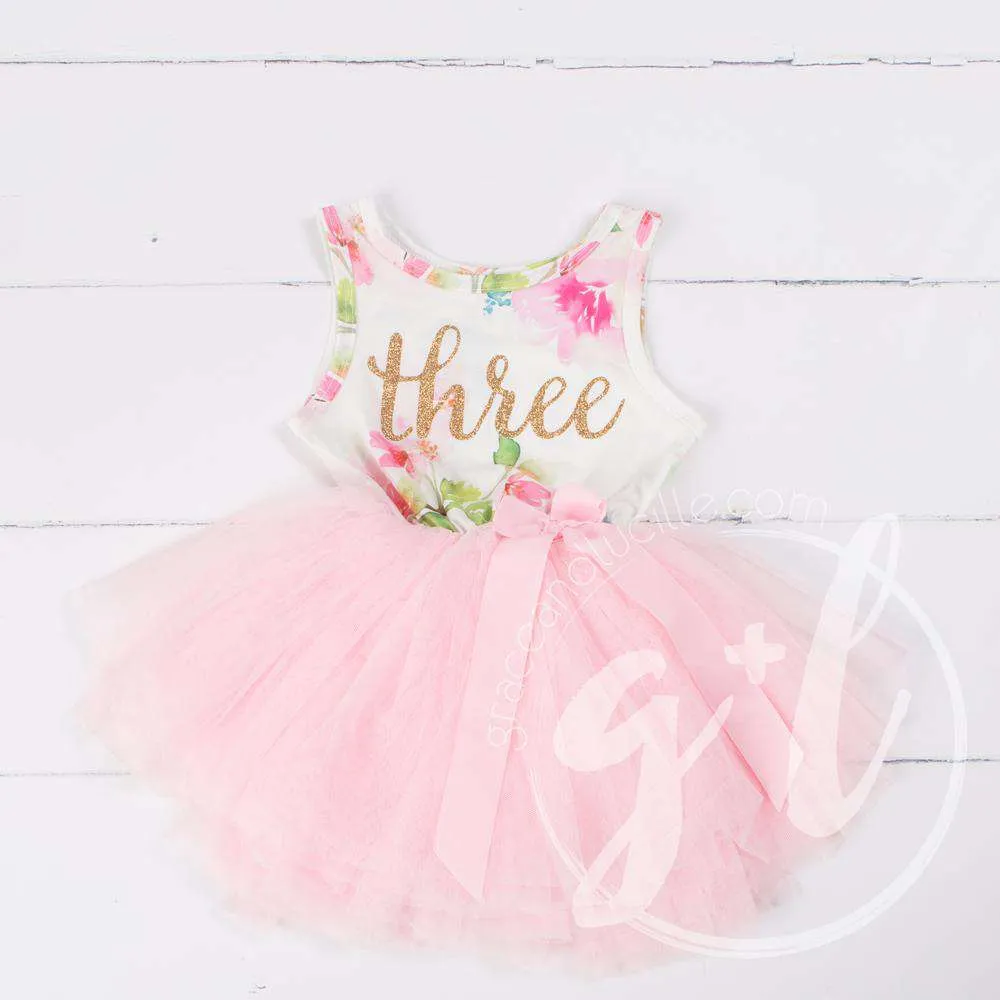 Pink Floral Third Birthday Outfit, "THREE" Pink Floral Sleeveless Dress with Pink Party Hat