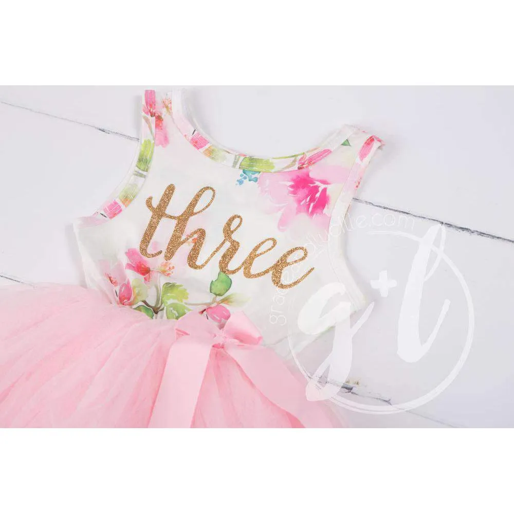 Pink Floral Third Birthday Outfit, "THREE" Pink Floral Sleeveless Dress with Pink Party Hat
