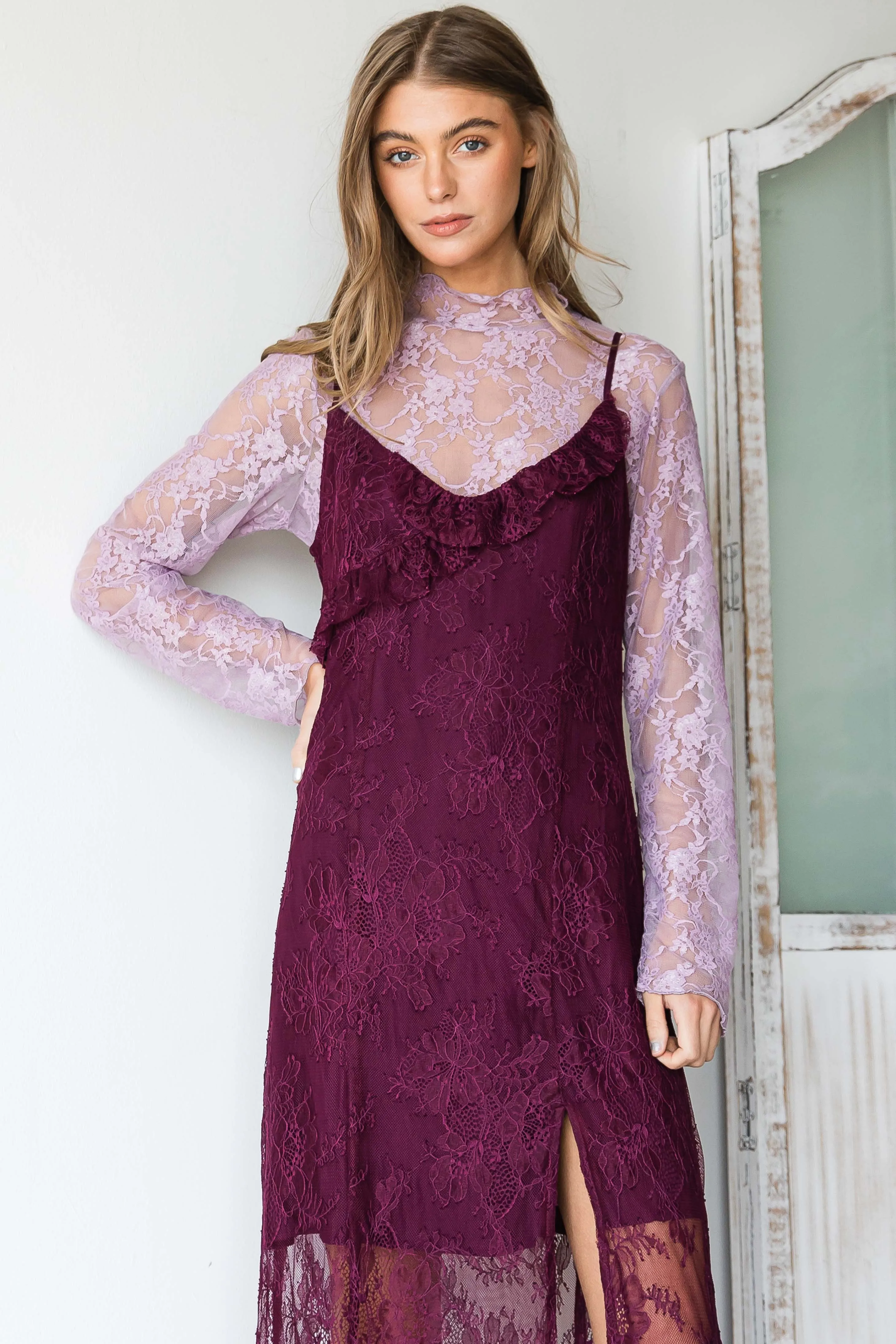 Pretty In Lace Floral Print Lace Long Sleeve Top