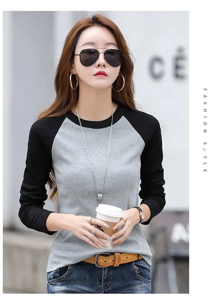 Shoulder New Contrast Color Slim Fit Upper Clothes Long Sleeves T-shirt