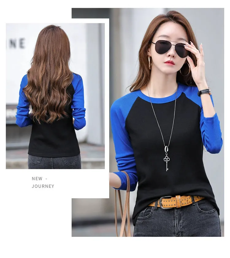 Shoulder New Contrast Color Slim Fit Upper Clothes Long Sleeves T-shirt